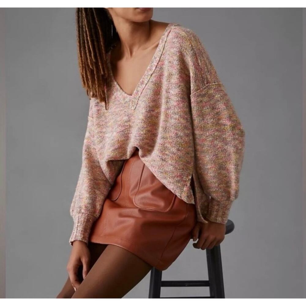 Pilcro Deep V Neck Slouchy Space Dye Sweater Medium Chunky Knit Pink Tan